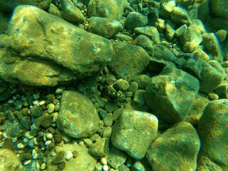 Underwater scene at Kuleli Bay. Under sea view with fishes, sun rays, sen beam, sands and rocks in Fethiye, Mugla, Turkey © emin