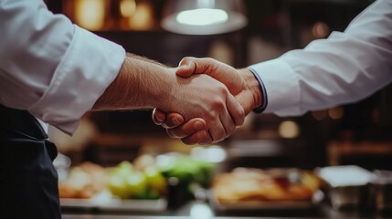 Close up of chef and businessman shaking hands in kitchen  culinary partnership and agreement