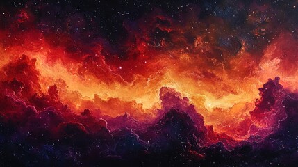 Colorful cosmic storm in red, orange, and purple swirling clouds, intense and dramatic 