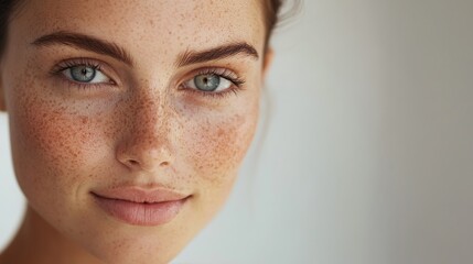 Tender woman with freckles exudes warmth in a soft, natural portrait.
