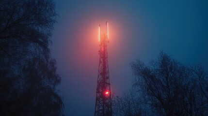 A striking telecommunications tower illuminated by red lights in a foggy landscape, showcasing modern technology blending with nature's mystique.