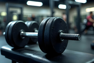 Fototapeta premium Close-Up of a Dumbbell on a Weight Bench in a Gym Setting with Blurred Background Showing People Exercising