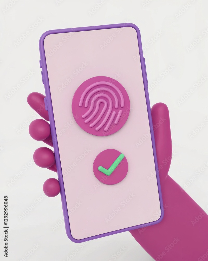 Poster colorful smartphone display featuring fingerprint scan and checkmark symbol on pink background