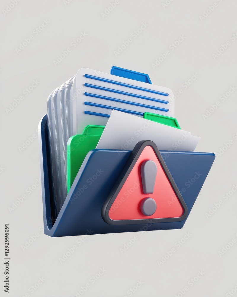 Poster colorful file folder with warning sign graphic illustrating data management and alerts