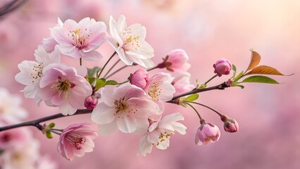 Blossoming Elegance: A close-up of a delicate branch laden with vibrant pink cherry blossoms, capturing the essence of spring's gentle beauty. 