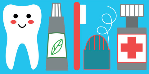 Dental Care Essentials with Illustrations of Tools and Smiling Tooth