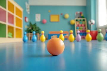 A vibrant indoor bowling setup featuring colorful pins and an orange ball on a blue floor, creating a fun and playful atmosphere for kids.