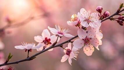 Blossom Branch: Delicate blossoms of a flowering tree reach towards the warm light, revealing the gentle embrace of spring, a time of renewal and beauty.