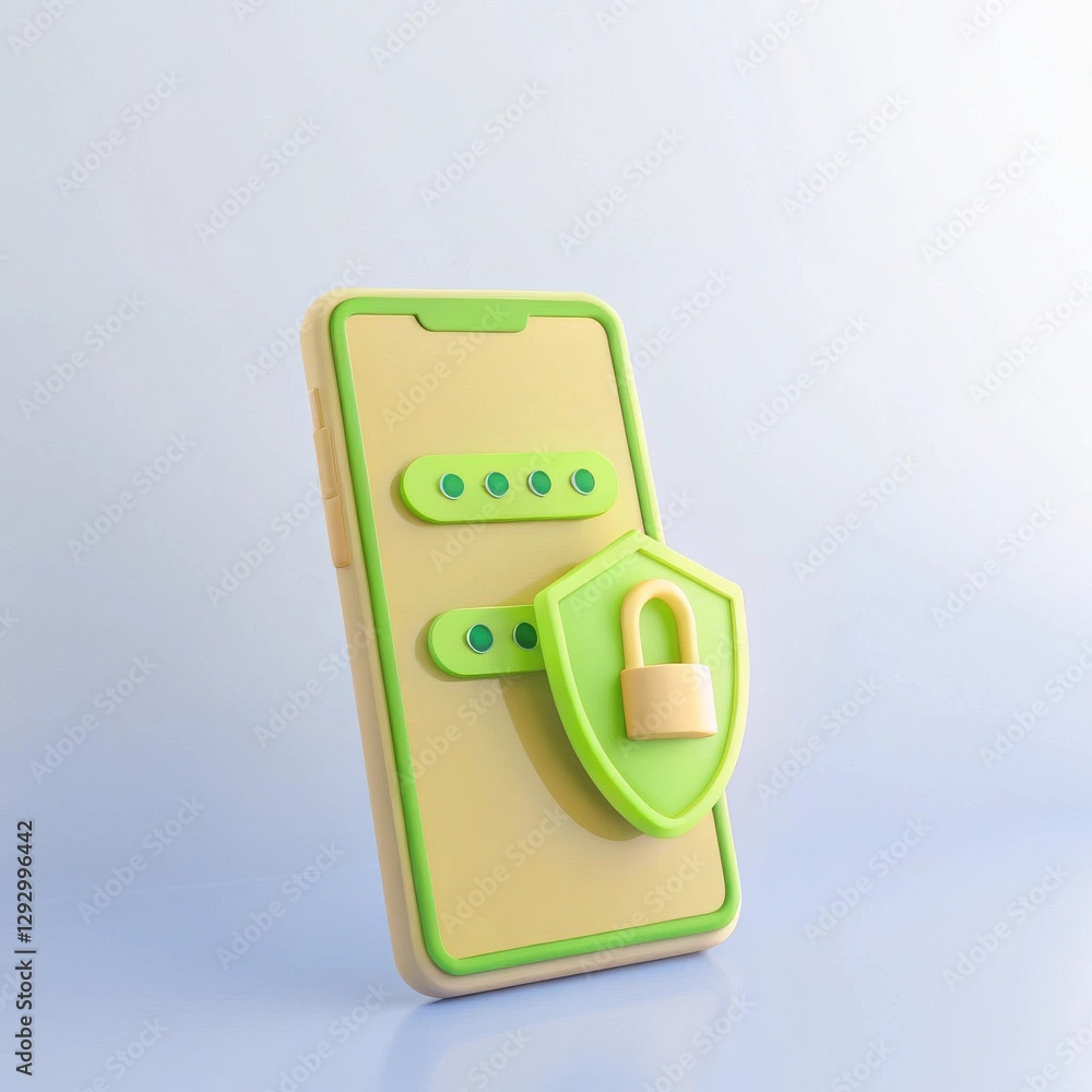 Poster smartphone with security shield and lock icon in bright colors on soft background