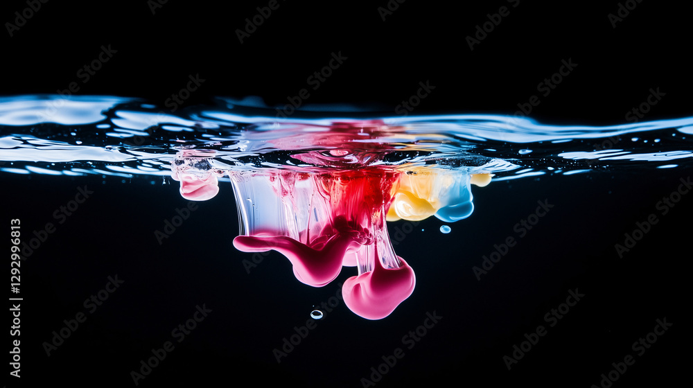 Poster color burst in liquid: a mesmerizing display of vivid colors colliding and swirling beneath the surf