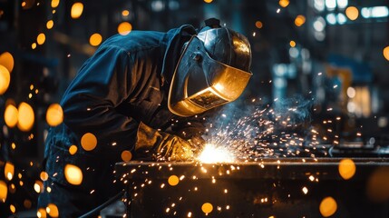 An industrial worker in protective gear welds metal in a dimly lit workshop. Sparks fly, creating a captivating display of light and motion.