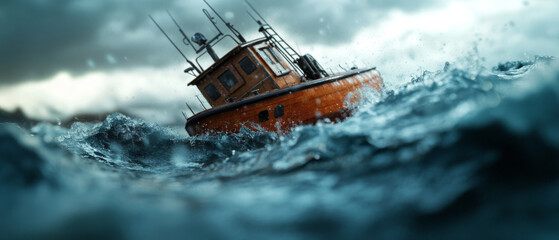 Obraz premium small fishing boat battles turbulent waves of stormy sea, showcasing nature raw power and beauty