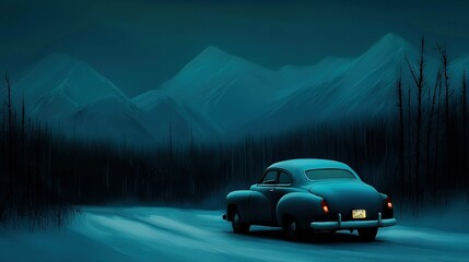  A car drives on a snowy road leading to a mountain range with snowy scenery