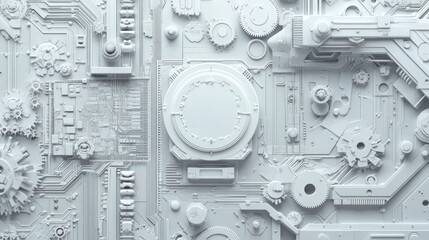 White futuristic tech panel, gears, background, engineering, design