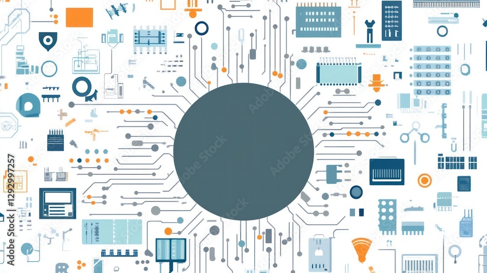 Poster smart city network hub; interconnected systems, background cityscape, data visualization, tech conce