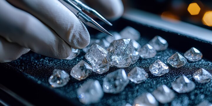 Jeweler carefully selecting uncut diamonds with tweezers