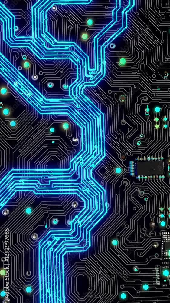 Poster pulsating blue circuit pathways on a microchip with moving light patterns