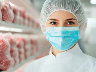 Health and safety protocols in meat processing facility quality assurance food industry clean environment close-up