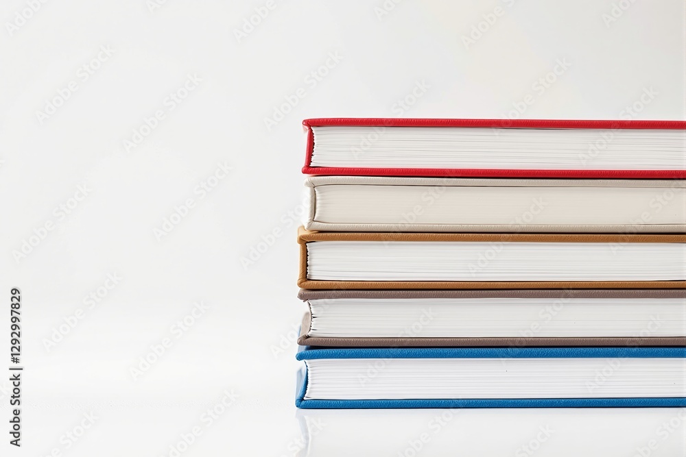 Poster stack of hardcover books with colorful spines on a white background.