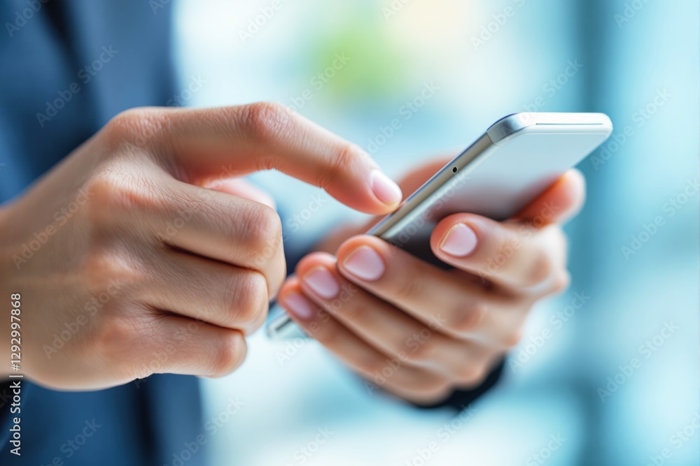 Poster hands holding a smartphone while typing on a blurred background.