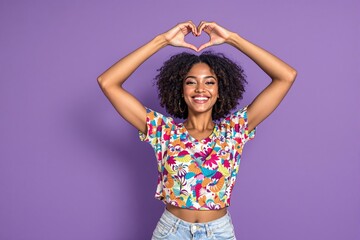 Fototapeta premium Woman forming heart shape with her hands, smiling on purple background.