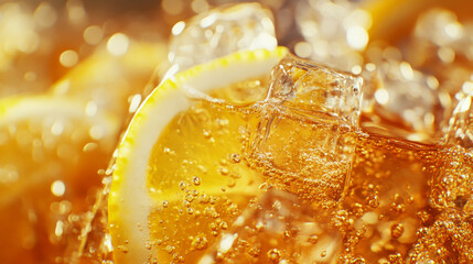 Refreshing cocktail with ice cubes and lemon slices, sparkling bubbles enhance vibrant drink