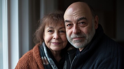 Elderly couple sharing warm smiles, embodying enduring love and connection.