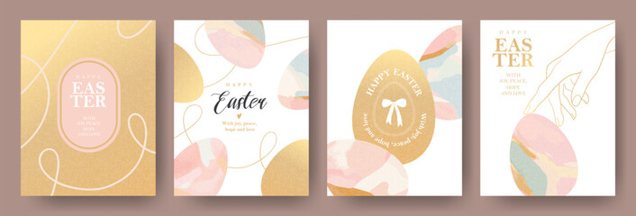 Happy Easter greeting card or web banner set. Elegant and trendy design template for Easter holiday. Luxury minimalist collection of Easter card with a watercolor illustration of an Easter eggs