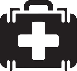 Silhouette vector icon of a first aid kit with a medical cross, symbolizing emergency care and healthcare. Perfect for hospitals, clinics, and safety designs.