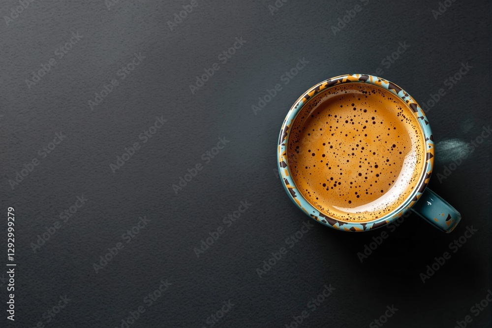 Poster top view of a coffee cup with frothy espresso in a patterned ceramic mug on a dark textured backgrou