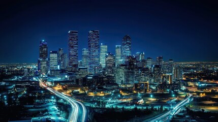 Fototapeta premium Night cityscape, highway, urban sprawl, Texas, USA; website banner