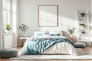 Cozy bedroom interior with blank frame above bed and natural light.