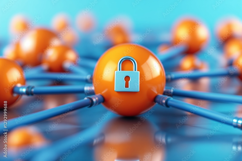 Poster orange spheres connected with blue rods and a lock symbol on one, showcasing security and connectivi