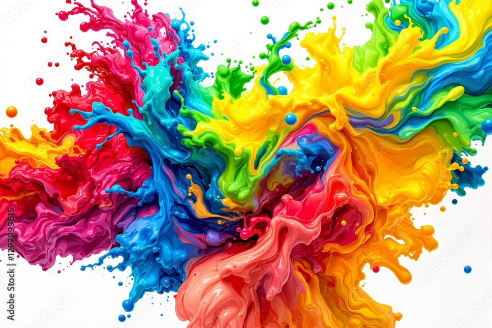 Poster Vibrant splashes of colorful paint merging dynamically on a white background.