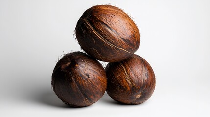 Three Dark Brown Coconuts Stacked in a Triangle on White Background