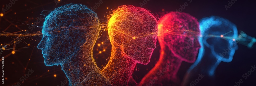 Poster futuristic digital network showcasing colorful 3d avatars connected by vibrant glowing lines in an a
