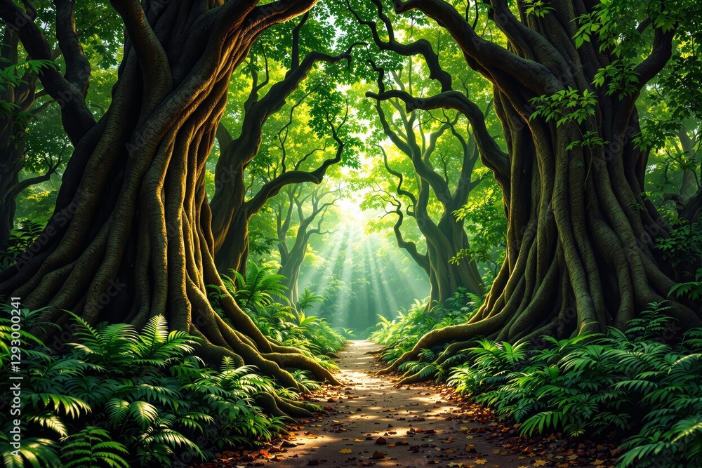 Aufkleber magical forest pathway with sunlight filtering through lush green trees.