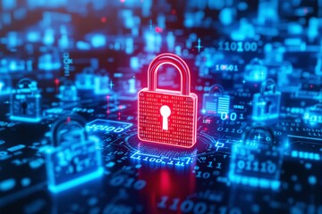 Digital security lock on a data background.