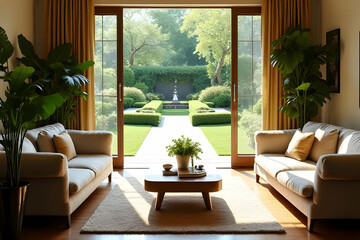 Fototapeta premium Bright and Airy Living Room with Modern Furniture Overlooking a Lush Garden through Large Glass Doors