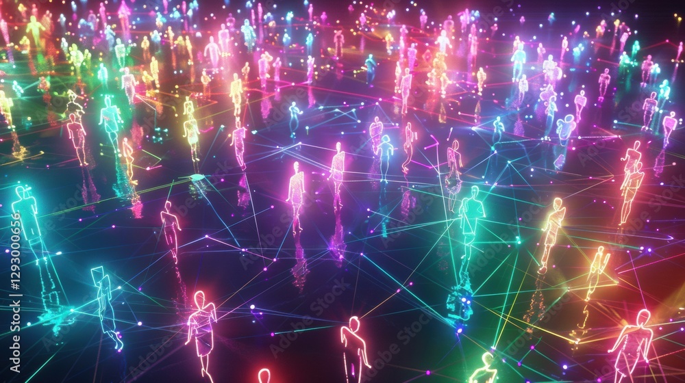 Poster Vibrant social media network visualized with colorful 3D avatars interconnected by pulsating energy lines. Generative AI