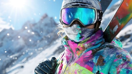 Close-up of woman in a colorful ski jacket and mask, carrying skis on her shoulder, snowy mountains and bright sunshine in the background.