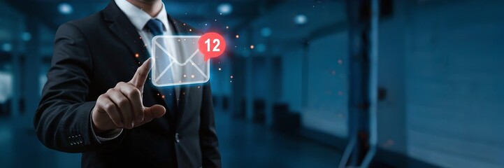 Business Email Notification Alert. Businessman Interacting with Virtual Envelope Icon, Indicating Unread Messages, Digital Communication, and Email Management in Professional Settings.