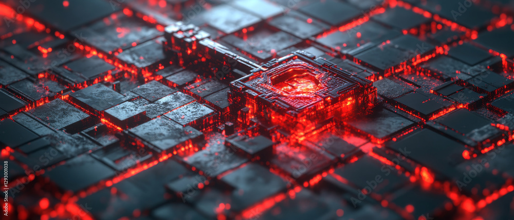 Poster futuristic key design with glowing red elements on dark surface