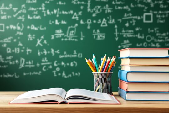 Study setup with books, pencils, and math equations on chalkboard background.