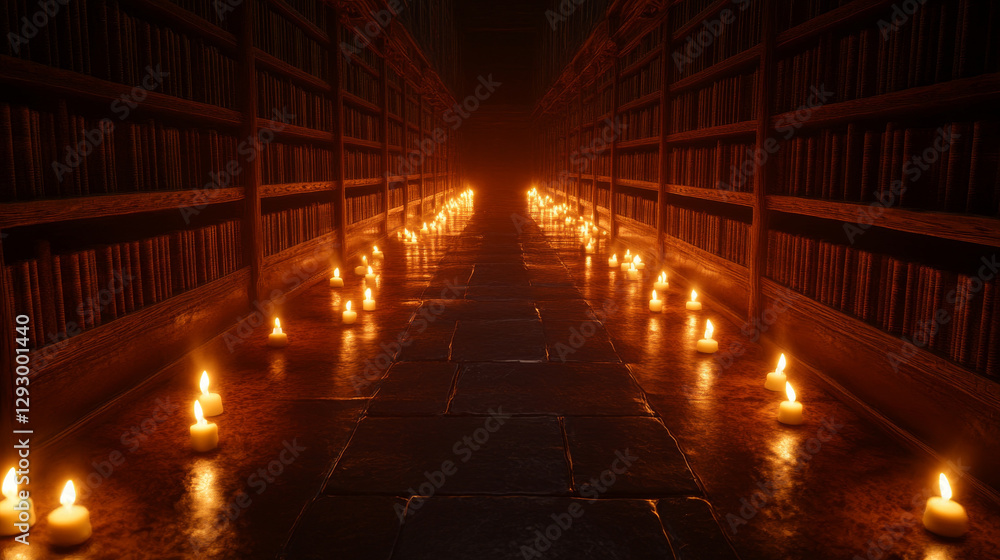 Poster ancient library with candlelit path, creating mystical atmosphere