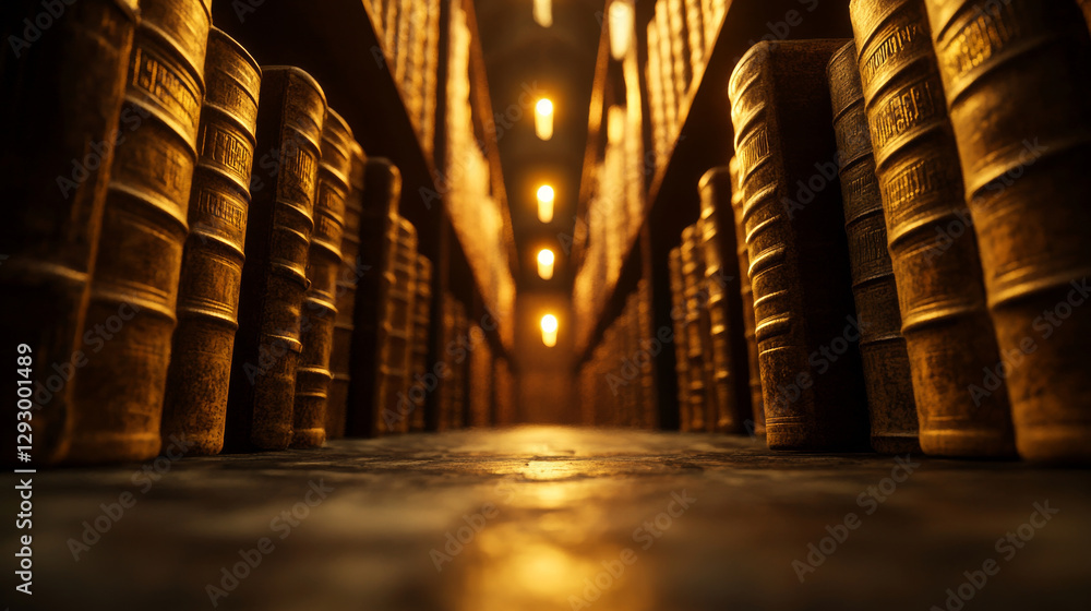 Aufkleber ancient library filled with rows of leather bound books, illuminated by warm lights, creating mystic
