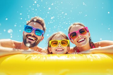 Happy family wearing colorful sunglasses enjoying summer in a pool.
