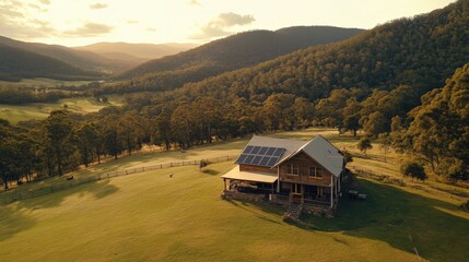 Aerial view of a rustic house with solar panels in a serene mountain landscape during sunset
