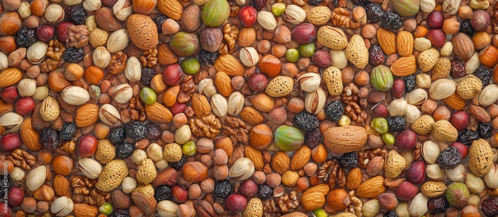 Poster Assorted mixed nuts and dried fruits spread out on a rustic wooden surface with warm brown tones and vibrant colors showcasing organic healthy snacks