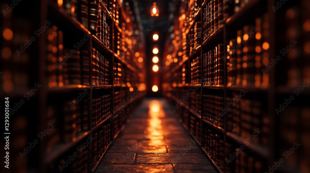 Poster ancient library with illuminated shelves, creating mystical atmosphere